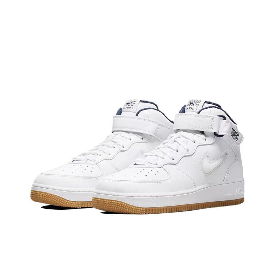 Air force 1 sneakers with navy swoosh and gum sole best sale