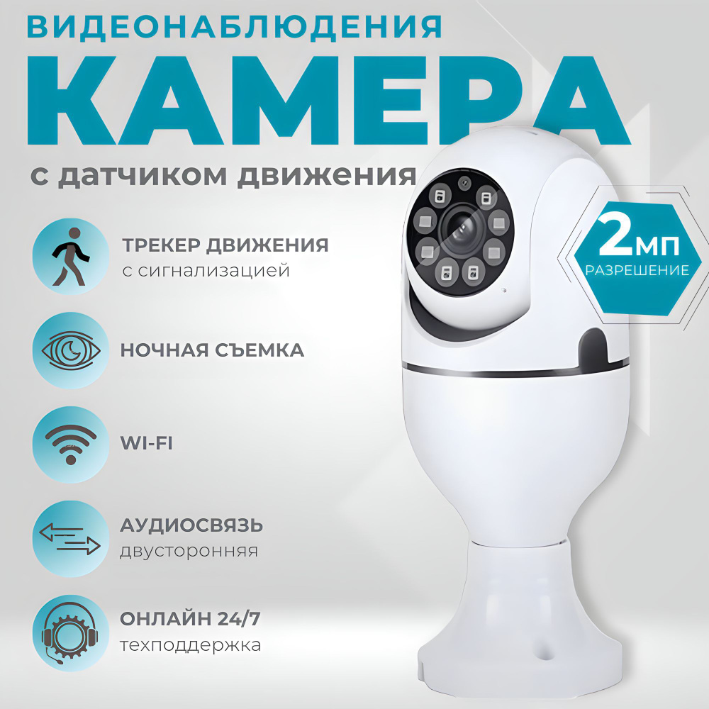 IP Камера видеонаблюдения wifi 2 Мп TohiShop, камера лампочка с ночной  съемкой ,видеоняня с датчиком движения и сигнализацией, умный дом