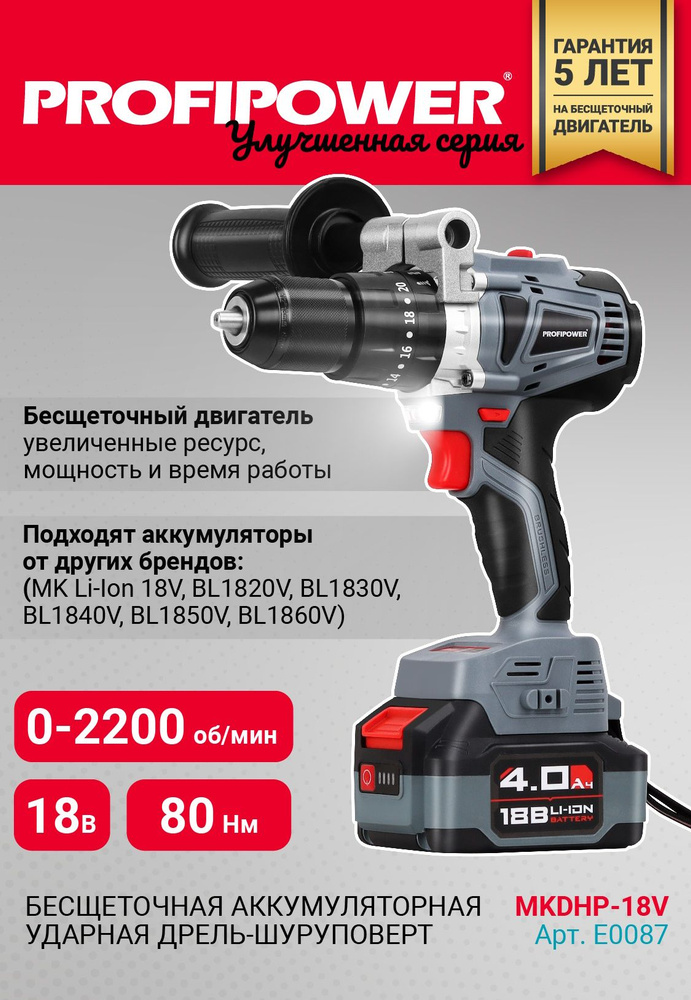 Бесщеточный шуруповерт profipower 18в. Mkdhp-18v. profipower mkdhp-18v e0087. шуруповерт профи пауэр. дрель-шуруповерт 18в бесщ. profipower mkbl-18вм.
