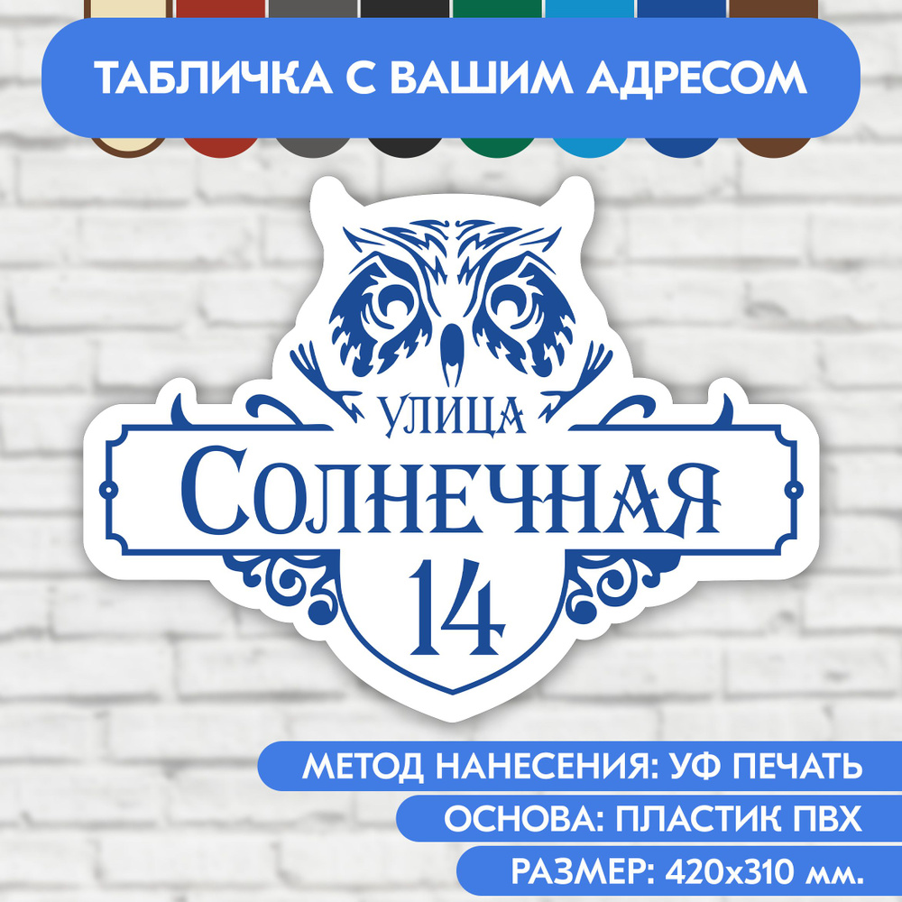 Адресная табличка на дом 420х310 мм. "Домовой знак Сова", бело-синяя, из пластика, УФ печать не выгорает #1