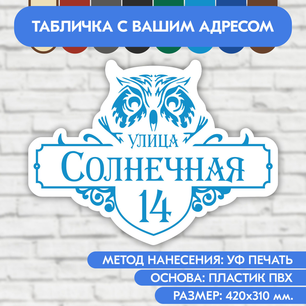 Адресная табличка на дом 420х310 мм. "Домовой знак Сова", бело-голубая, из пластика, УФ печать не выгорает #1