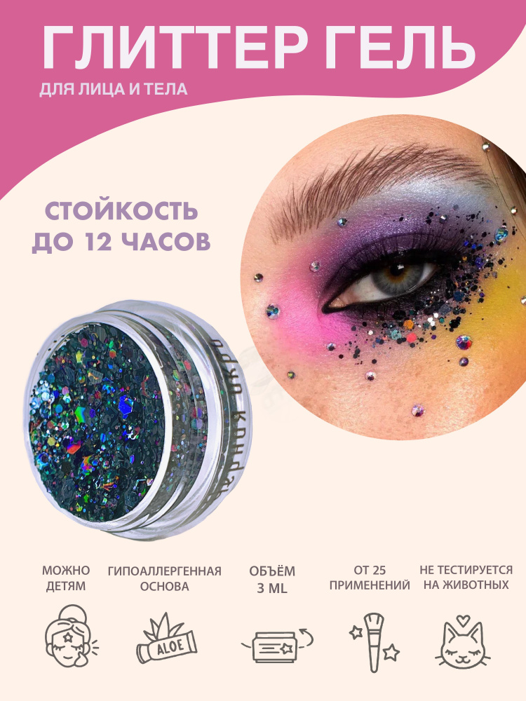 Queridos Glitters Глиттер Гель. Блёстки для лица и тела. Цвет "Чёрная Икра" 3 мл  #1