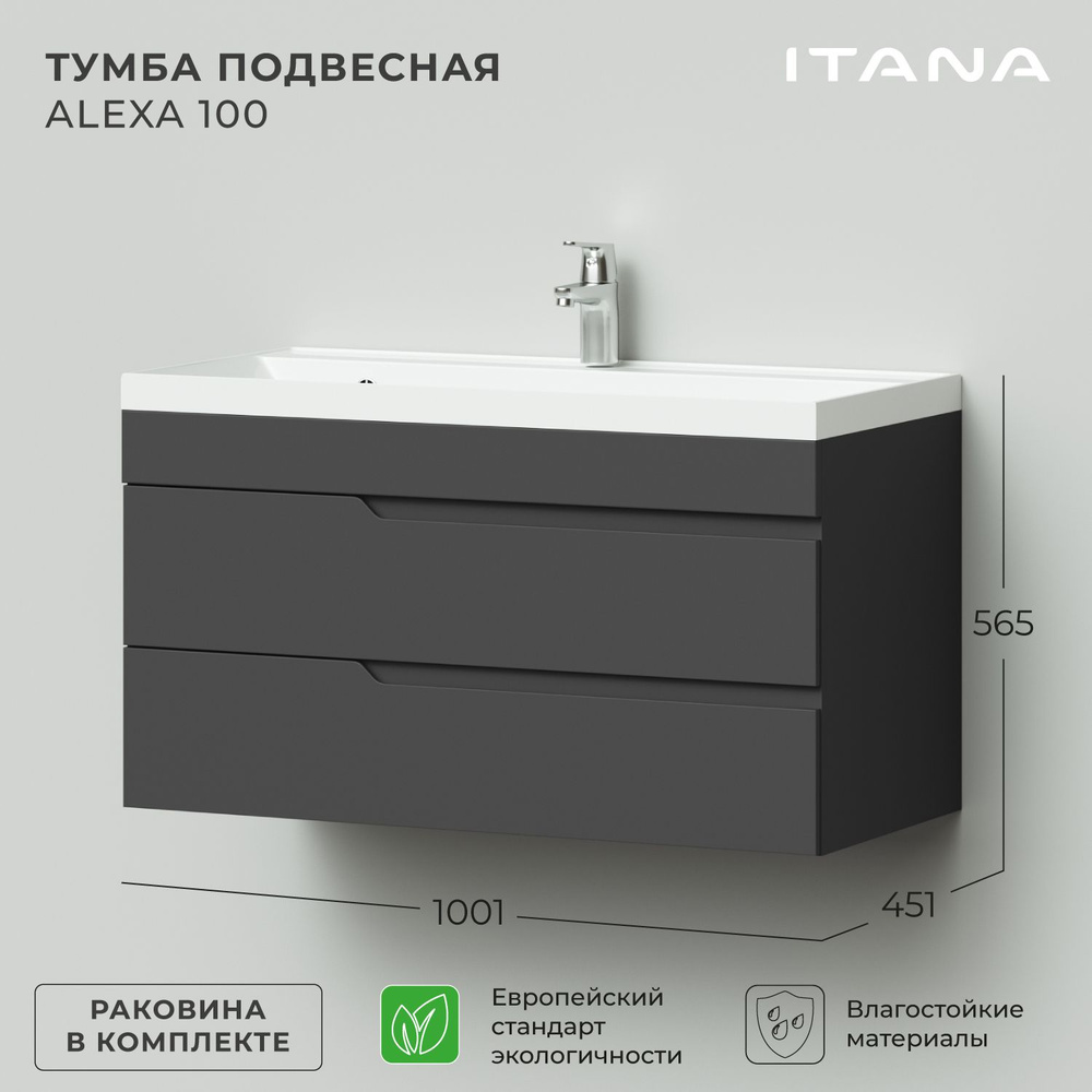 Тумба с раковиной в ванную, тумба для ванной Итана Alexa 100 1001х451х565 подвесная Графит  #1