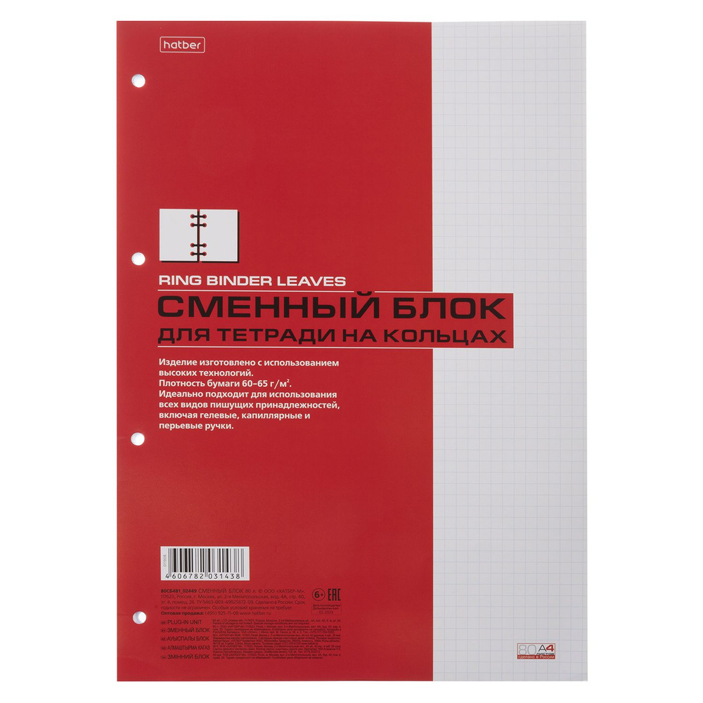 Сменный блок для тетрадей на кольцах Hatber 80 листов в клетку А4,  универсальная перфорация - купить с доставкой по выгодным ценам в  интернет-магазине OZON (166124933)