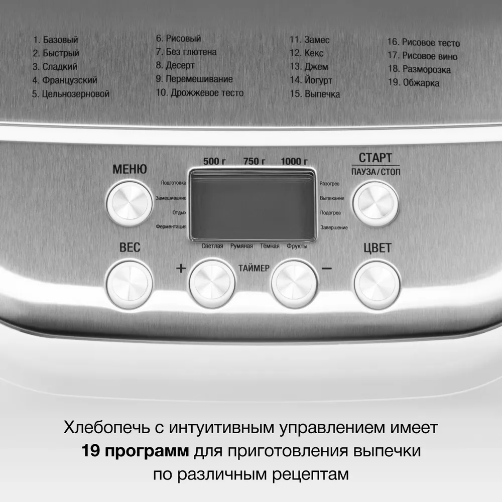 Хлебопечь Hyundai HYBM-3086, мощность 600 Вт, 19 автопрограмм, вес выпечки до 1000 г, с замесом теста автоматическая, отложенный старт до 15 часов, выбор цвета корочки, дисплей, 600 Вт, 1 кг, фото 3