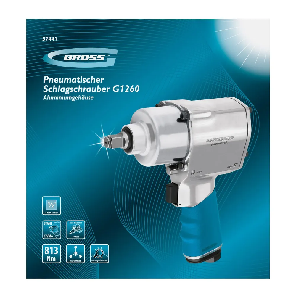 Гайковерт пневматический ударный GROSS G1260, 1/2 дюйма, 813 Нм максимальный крутящий момент и 7000 об/мин скорость, 4 ступени регулировки, пневмогайковерт ударный 57441, вариант, фото 6