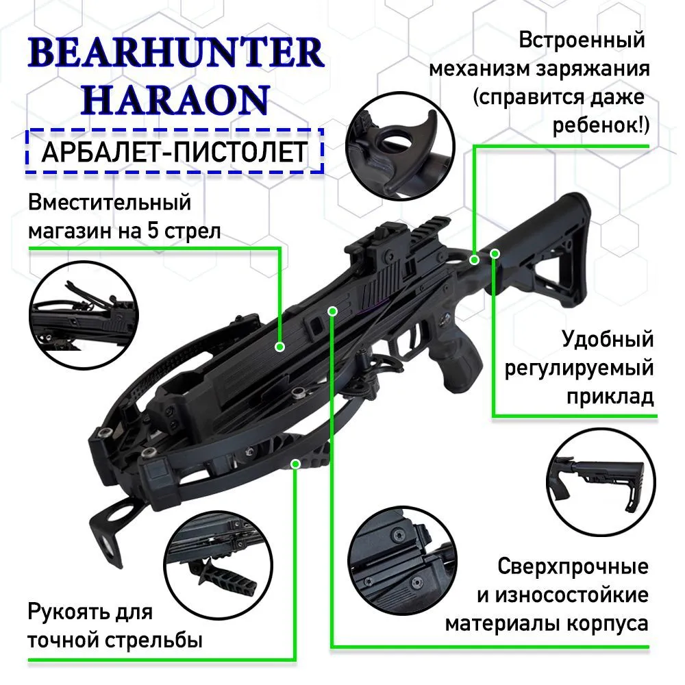 Многозарядный Арбалет BearHunter HARAON.Магазин на 5 стрел.Усилие натяжения 95 Lbs (43кгс).Стрелы карбон 5 (Шт).Блочный арбалет с Телескопическим прикладом. Сертификат, 5 шт, фото 2
