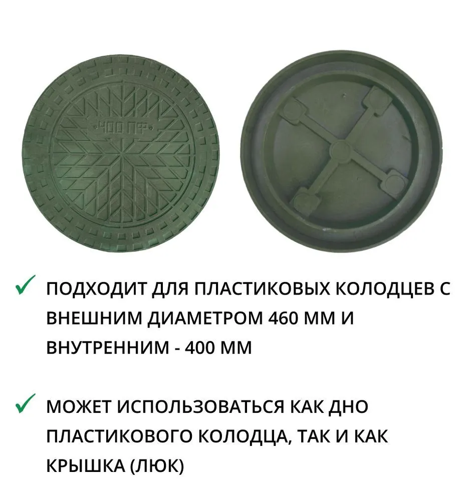 Люк/дно/крышка для дренажного колодца 400 (400/348), цвет - черный, 400 цв., зеленый, фото 2