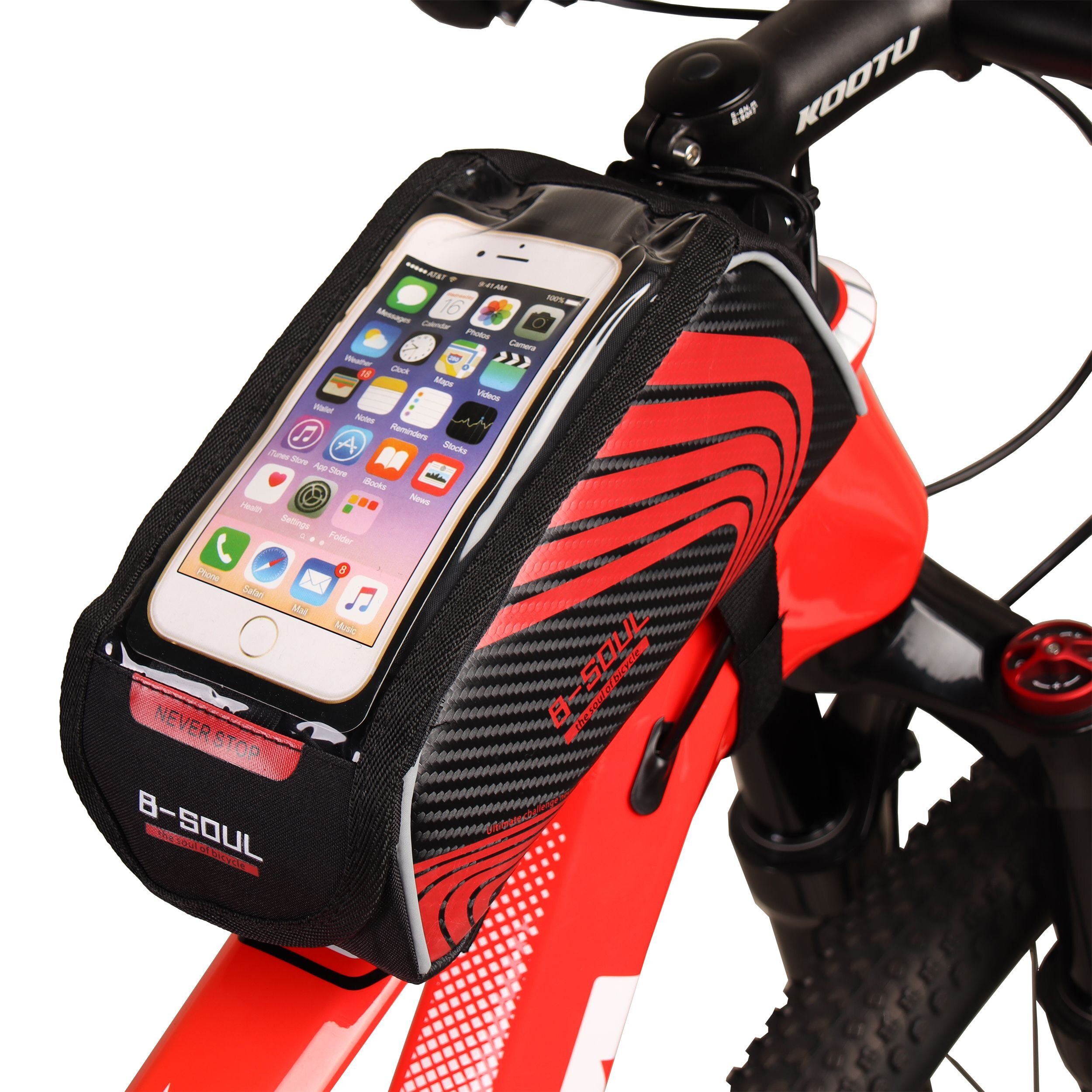 Сумка велосипедная на раму BICYCLE SOUL, TPU стенки корпуса, с отделением для смартфона, основной отсек на липучке velcro, чёрно-красная, 21 х 9 х 10 см Сумка велосипедная на раму BICYCLE SOUL, TPU стенки корпуса, с отделением для смартфона, основной отсек на липучке velcro, чёрно-красная, 21 х 9 х 10 см