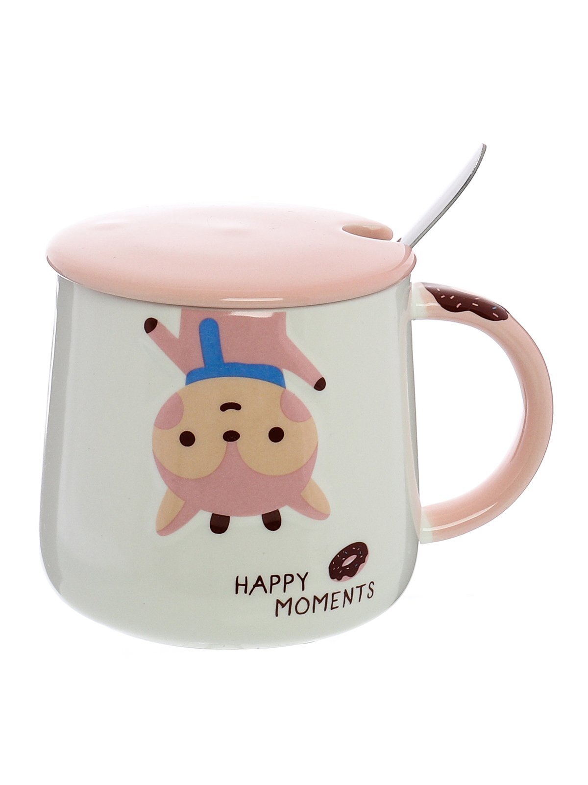 Кружка 400 мл с крышкой и ложкой, розовый олень, керамика