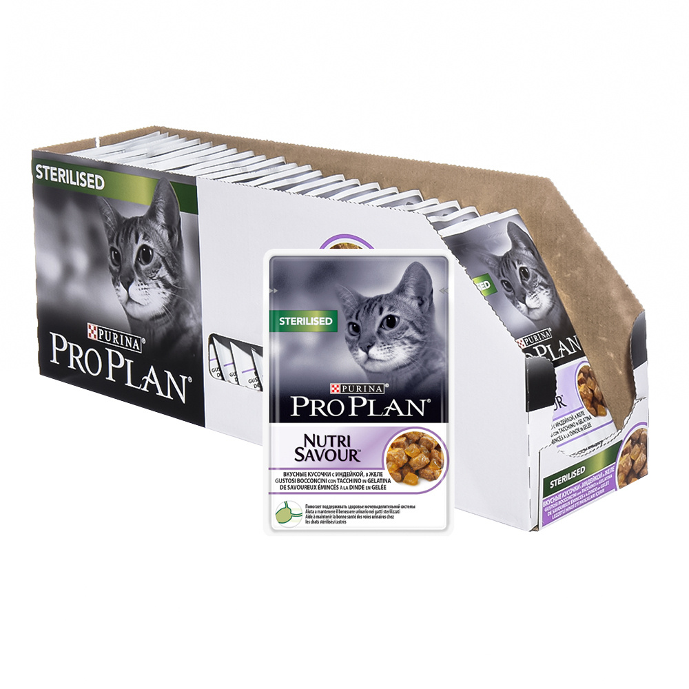 Purina Pro Plan влажный корм Nutri Savour для взрослых стерилизованных кошек  и кастрированных котов, вкусные кусочки с индейкой, в желе, 26 шт. по 85  гр. - купить с доставкой по выгодным ценам