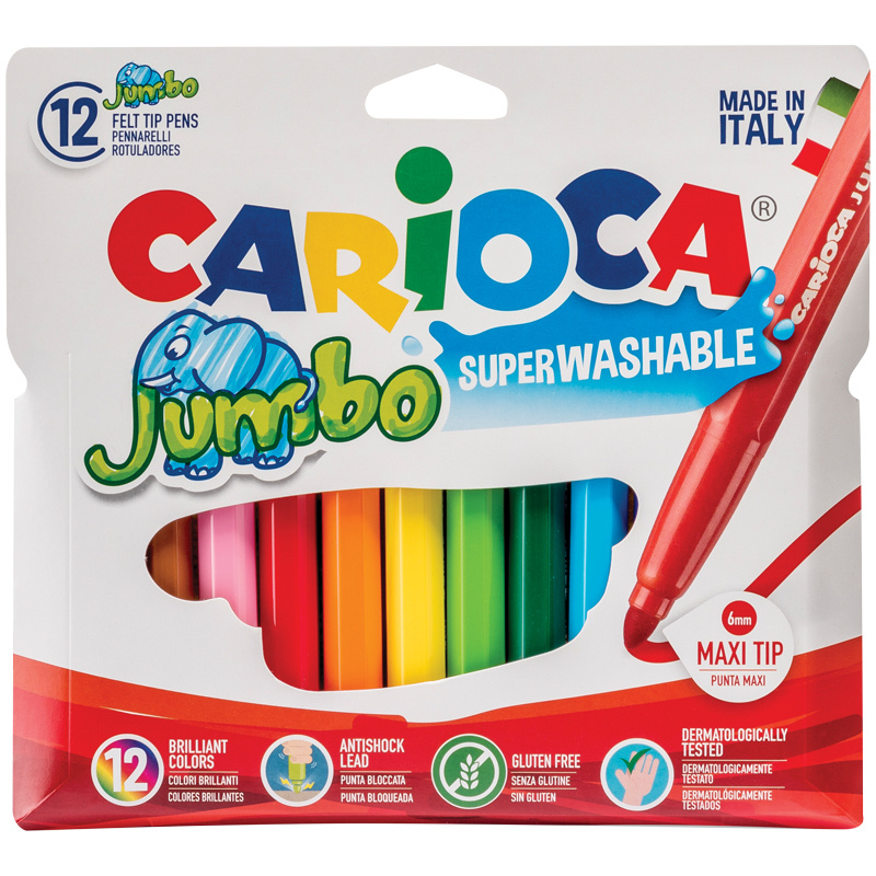 Фломастеры Carioca "Jumbo", 12цв., утолщенные, смываемые, картон, европодвес  #1