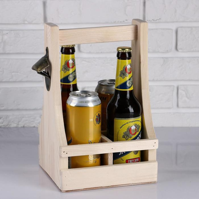 Ящик для пива 19x18x30 см с открывашкой, под 4 бутылки, деревянный ...