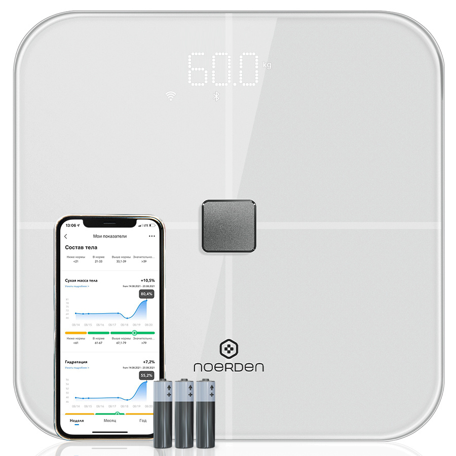 Умные весы напольные Noerden SENSORI, белые / Графики и аналитика в  приложении / Wi-Fi / Bluetooth / ITO покрытие / измерение пульса /  батарейки в ...
