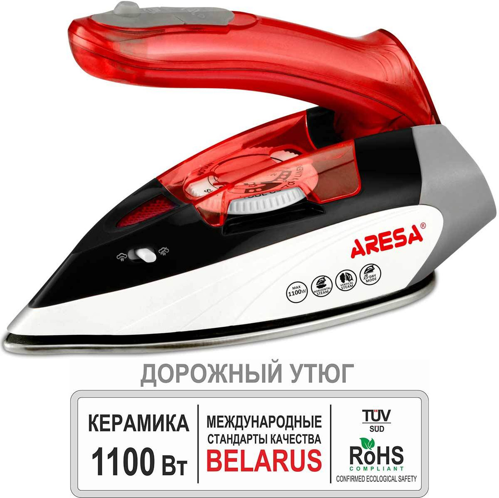 Утюг дорожный складной ARESA AR-3119, 1100 Вт, керамическая подошва, красный, черный, белый  #1