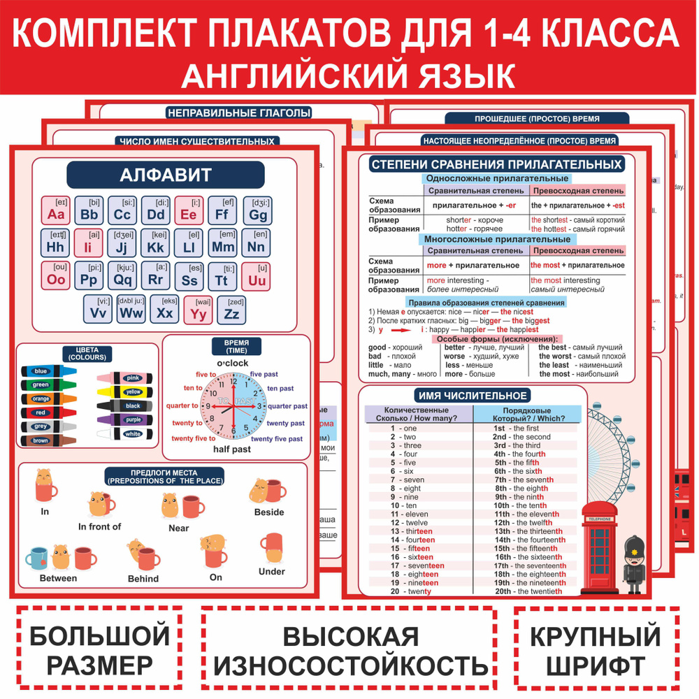 Школьные плакаты по английскому языку (1-4 класс), для школы 6 шт А3 форма