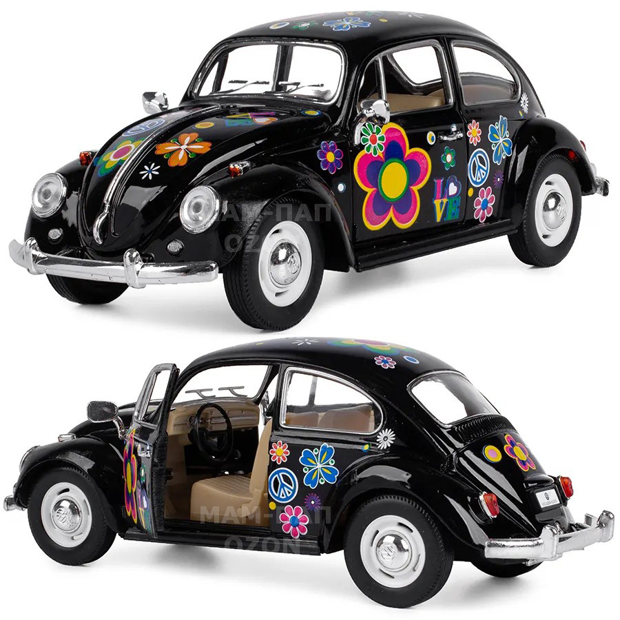 Машинка металлическая Kinsmart 1:24 1967 Volkswagen Classical Beetle (Жук)  7002FDKT двери открываются / Черный с принтом Peace & Love - купить с  доставкой по выгодным ценам в интернет-магазине OZON (469155875)