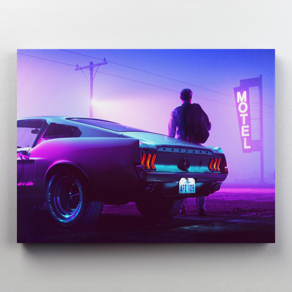 Интерьерная картина на холсте "Форд Мустанг 1987 неон" машины и ...