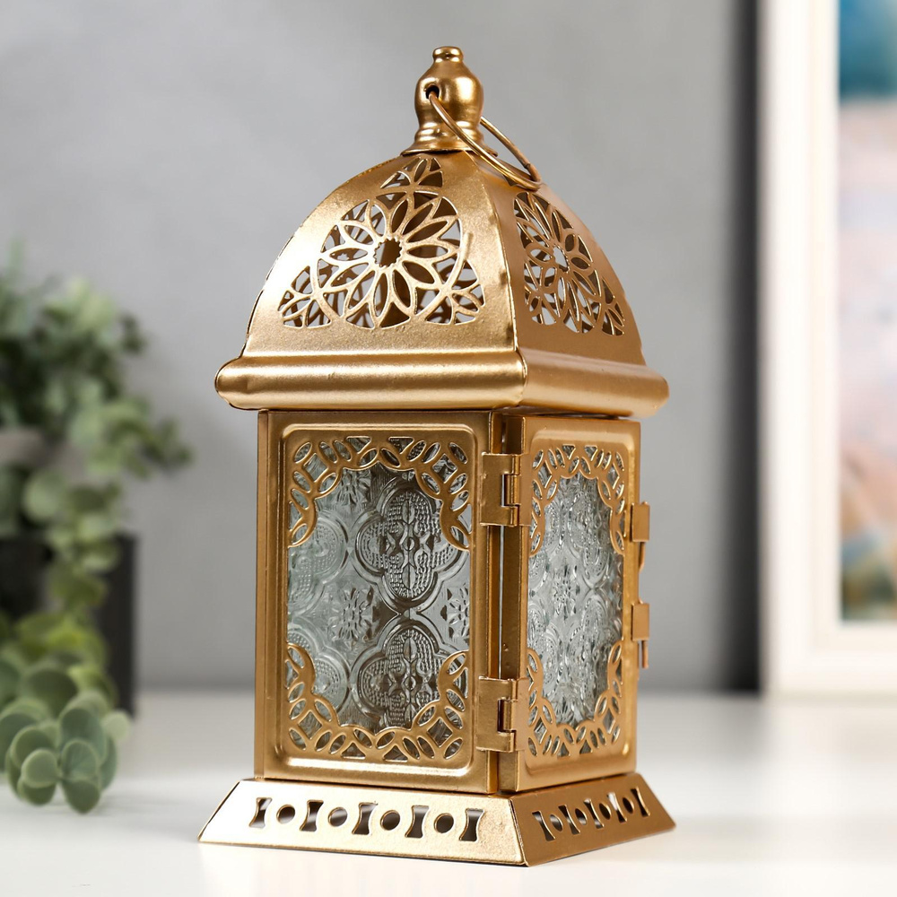 Подсвечник металл, стекло на 1 свечу "Фонарик. Сахара" золото 21,5*10 ...