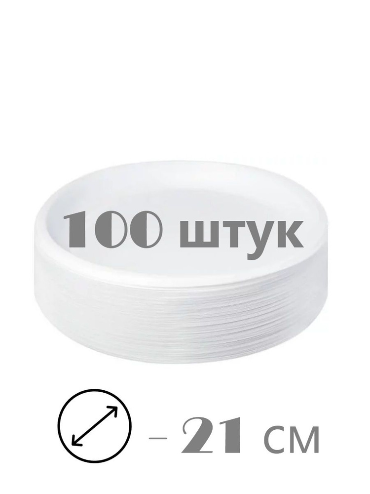 Комплект, набор одноразовых пластиковых тарелок 100 шт, диаметр 21 см, белая, для праздника пикника похода #1