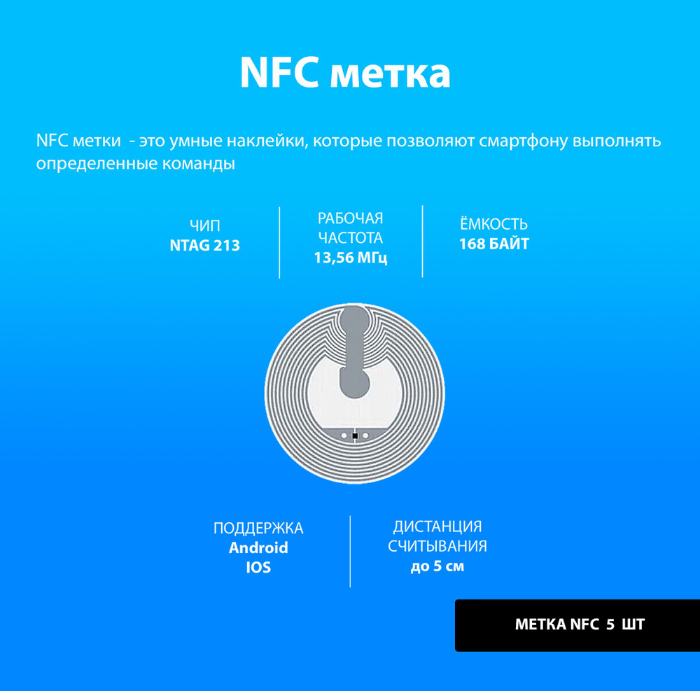 Метка NFC (5 штук) NTAG213/ Метка-наклейка НФС/ для автоматизации, умный дом,  электронная визитка - купить с доставкой по выгодным ценам в  интернет-магазине OZON (576399211)