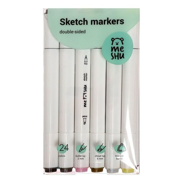 Маркеры для скетчинга двусторонние MESHU, 24 цвета (пастельные цвета ...
