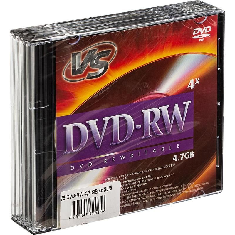 Диск DVDRW VS 4.7 ГБ 4x slim box VSDVDRWSL501 (5 штук в упаковке