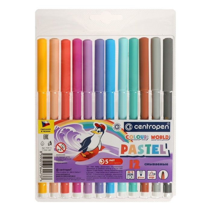 Фломастеры 12 цветов Centropen 7550 TP Colour World Pastel 2.0 мм, пастельные, блистер, европодвес  #1