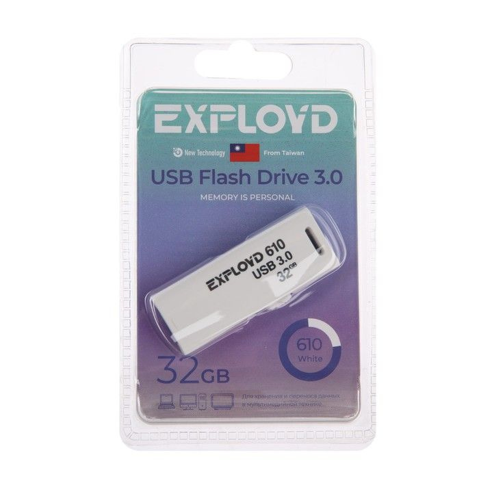 Флешка Exployd 610, 32 Гб, USB3.0, чт до 70 Мб/с, зап до 20 Мб/с, белая #1