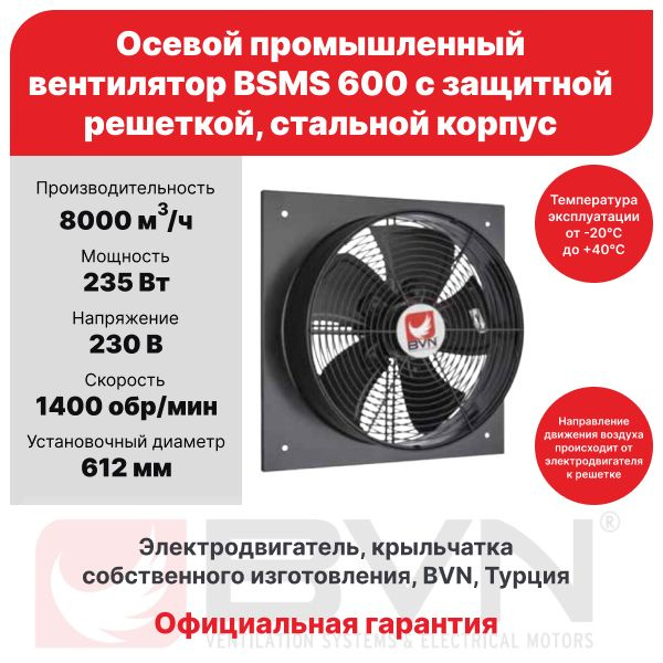 Вентилятор осевой промышленный BSMS 600 с защитной решеткой, 8000 м3/час, 230 В, 235 Вт, IP 44, BVN, #1