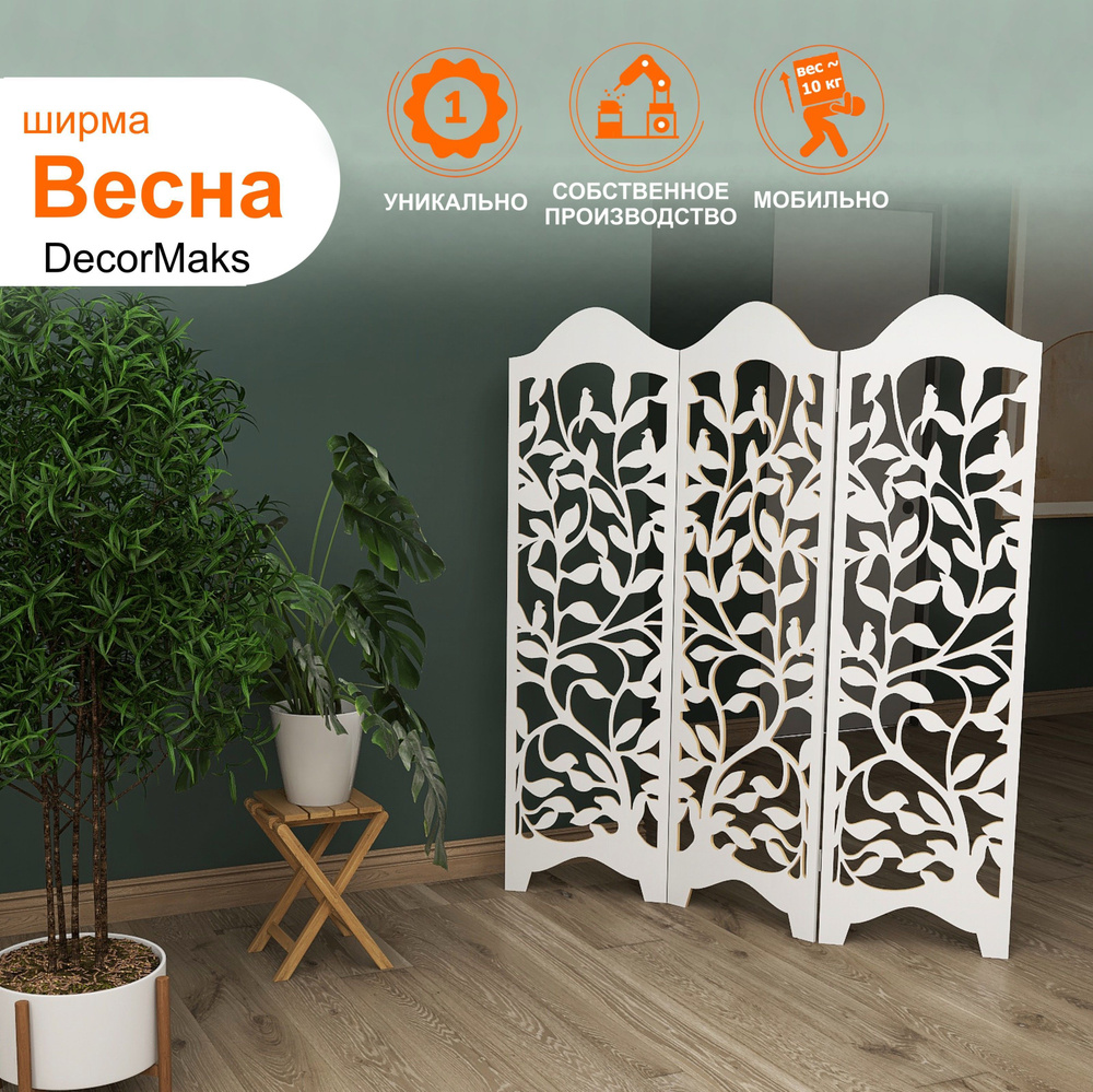 Ширма ажурная ВЕСНА Ш125*В160 см, ажурная для зонирования детской, студии, салона, кафе, Декормакс, белая #1