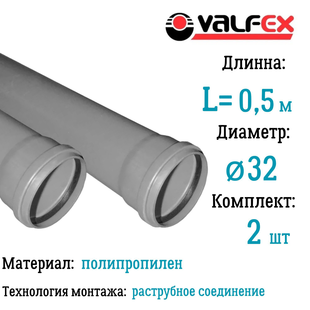 Труба BASE для внутренней канализации VALFEX Ф32 длина 0,50 м (комплект 2 шт)  #1