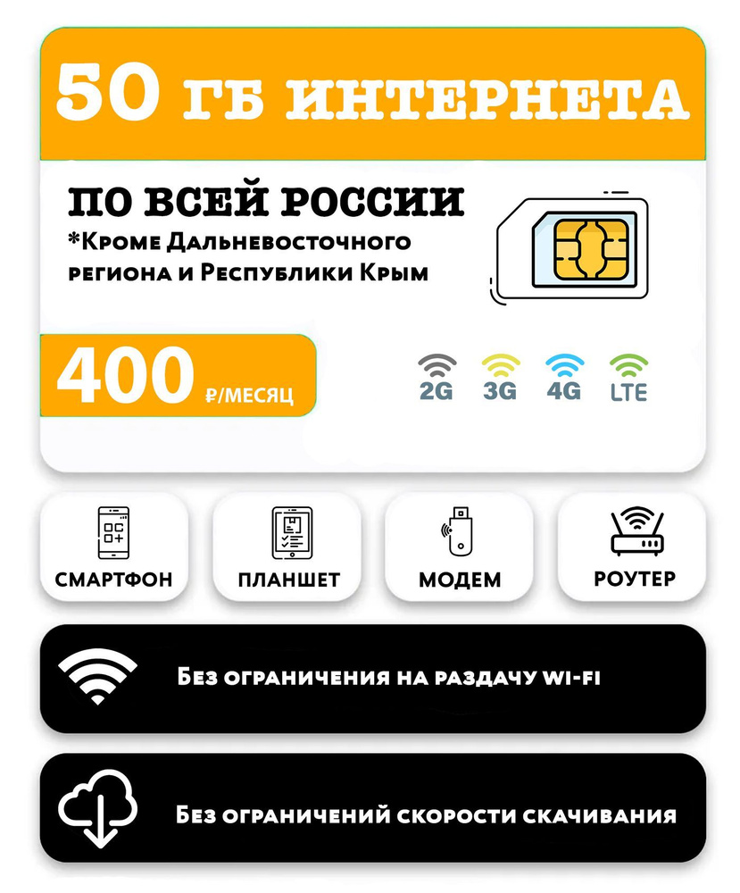 WHYFLY Тарифный план SIM-карта 50 Гб интернет 3G/4G/LTE за 400 руб/месяц  (смартфоны, планшеты, модемы, роутеры) + в тариф включена раздача и  торренты (Москва, Московская область, Россия) (Вся Россия) - купить с  доставкой