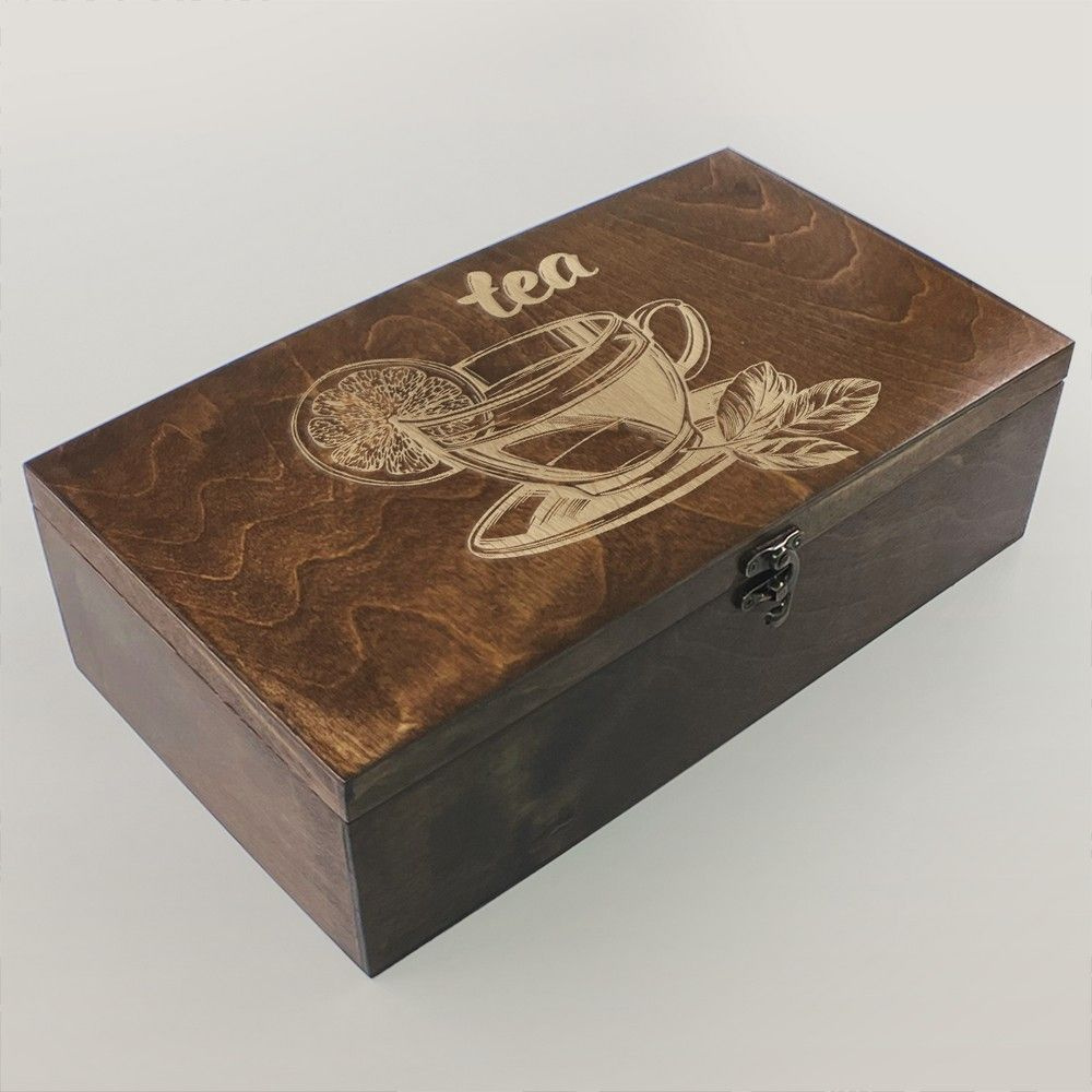 Коробка для чайных пакетиков (Чайница) из дерева, большая, 4 отделения с узором "Иллюстрация Чашка (tea, #1