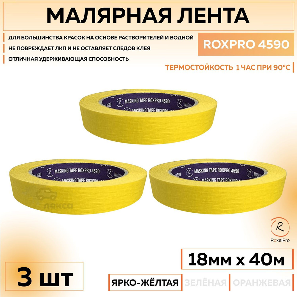 305740 Термостойкая малярная лента RoxelPro ROXPRO 4590, бумажный скотч ярко-жёлтый, 18 мм х 40 м, 3 #1