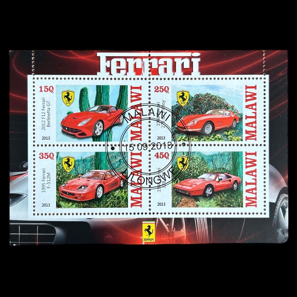 Почтовый блок. Спортивные автомобили "Ferrari". Малави 2013 год  #1