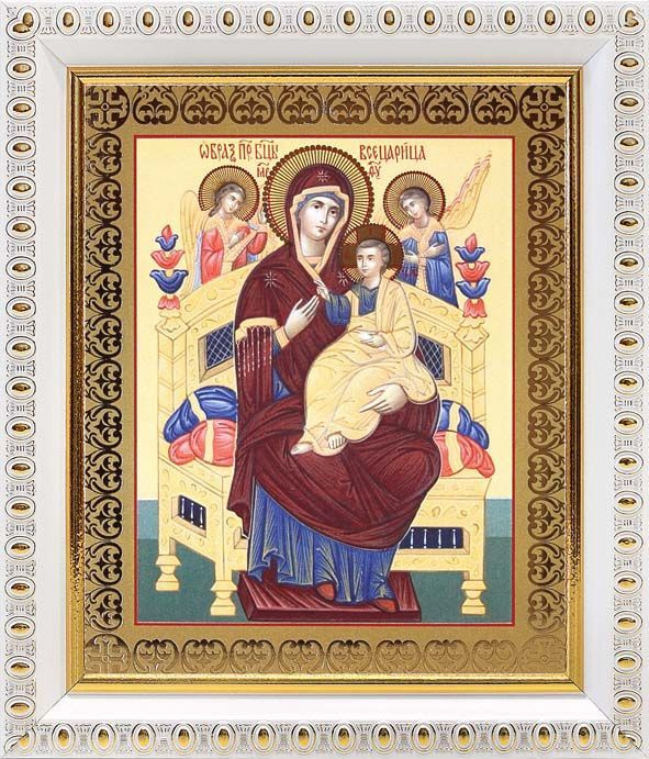 Икона Божией Матери "Всецарица" (лик № 018), в белой пластиковой рамке 12,5*14,5 см #1