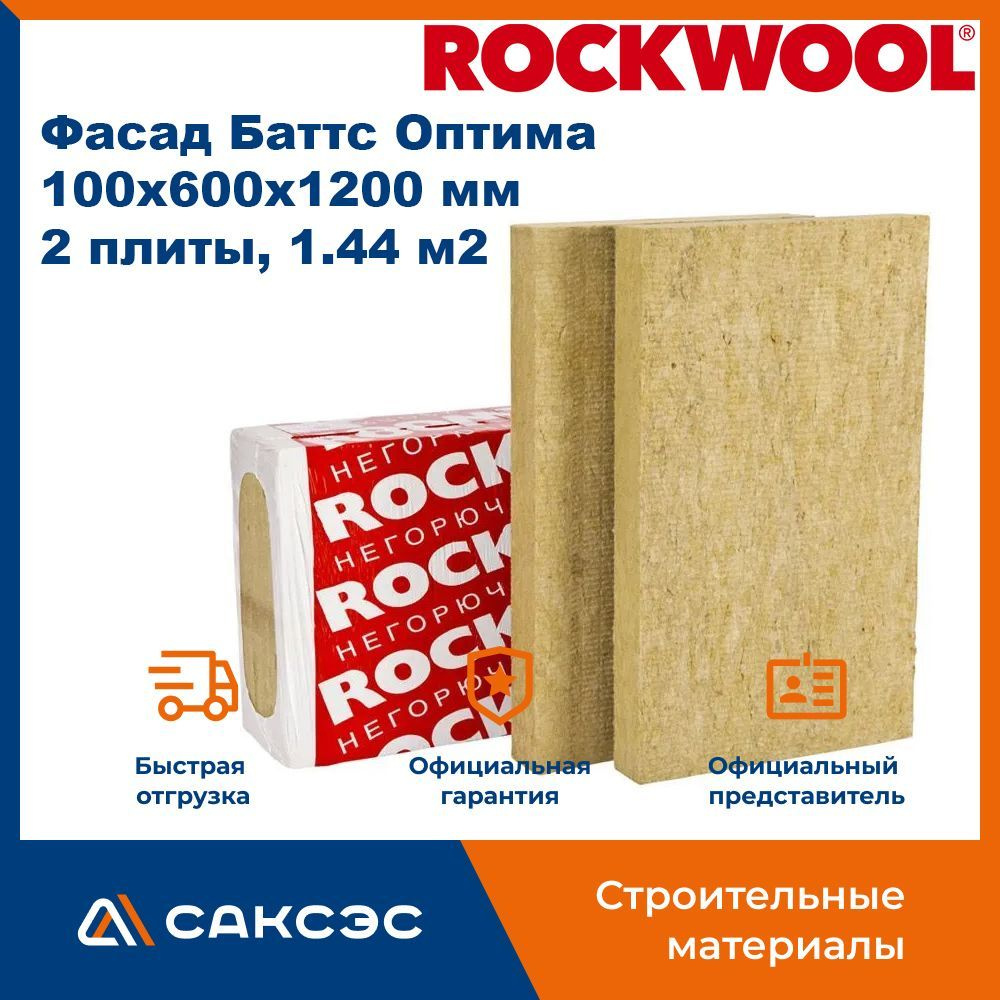 Утеплитель фасада Rockwool Фасад Баттс Оптима 100х600x1200 мм, 2 плиты, 1.44 м2  #1