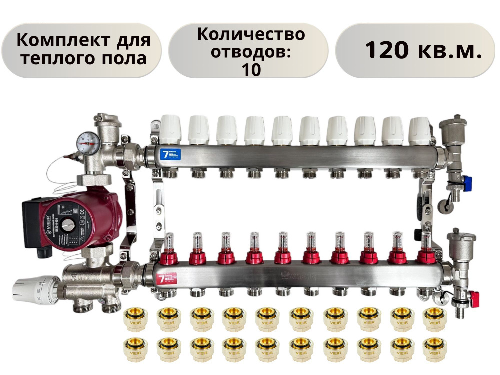 КОМПЛЕКТ ViEiR для теплого пола водяного: Коллектор из нержавеющей стали на 10 выходов с расходомерами #1