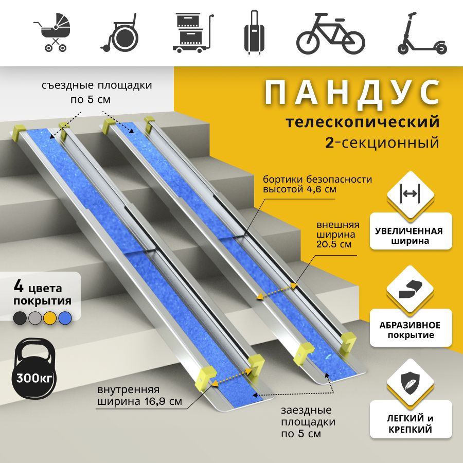 Пандус телескопический 2-секционный Антислип, 90 см, синий (рабочая длина  80 см + 2 опор.площадки по 5 см)