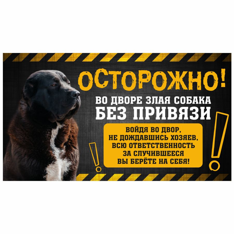 Табличка, с юмором, DANGER DOG, Осторожно! Во дворе собака без привязи,  Алабай, 25x14 см