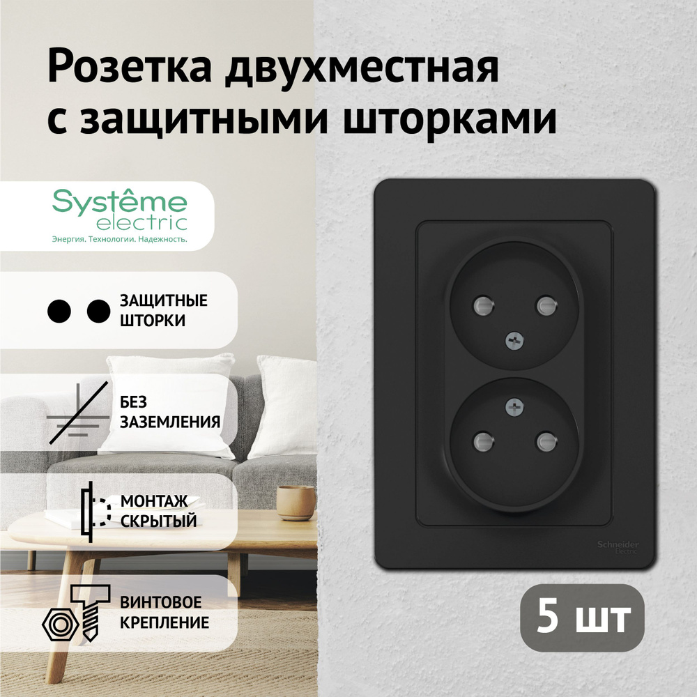 Розетка Schneider Electric Blanca двойная без заземления с защитными  шторками антрацит (комплект из 5 шт) - купить по низкой цене в интернет-магазине  OZON (410861802)