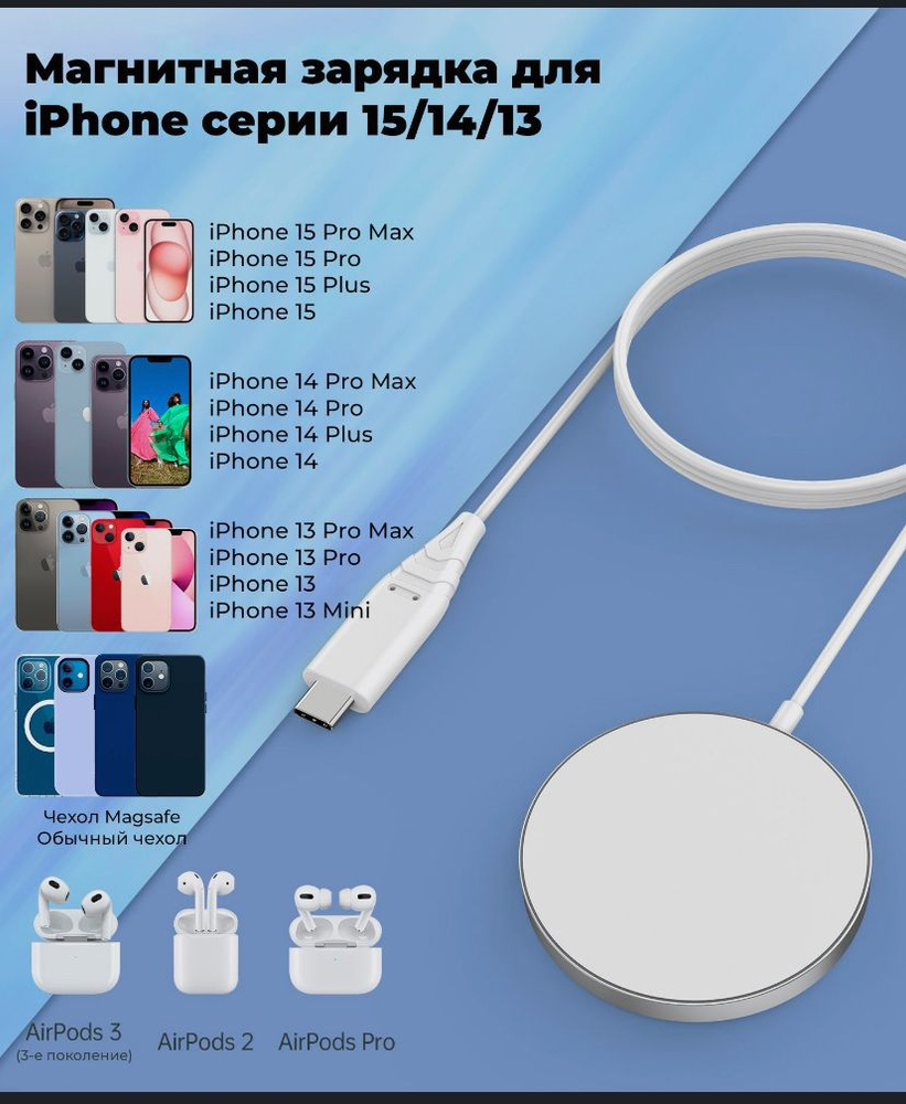 Беспроводное зарядное устройство MagSafe для Apple iPhone , Airpods, 15 Вт,  Apple MagSafe, Fast Charge 2.0 - купить по выгодной цене в  интернет-магазине OZON (1341125535)