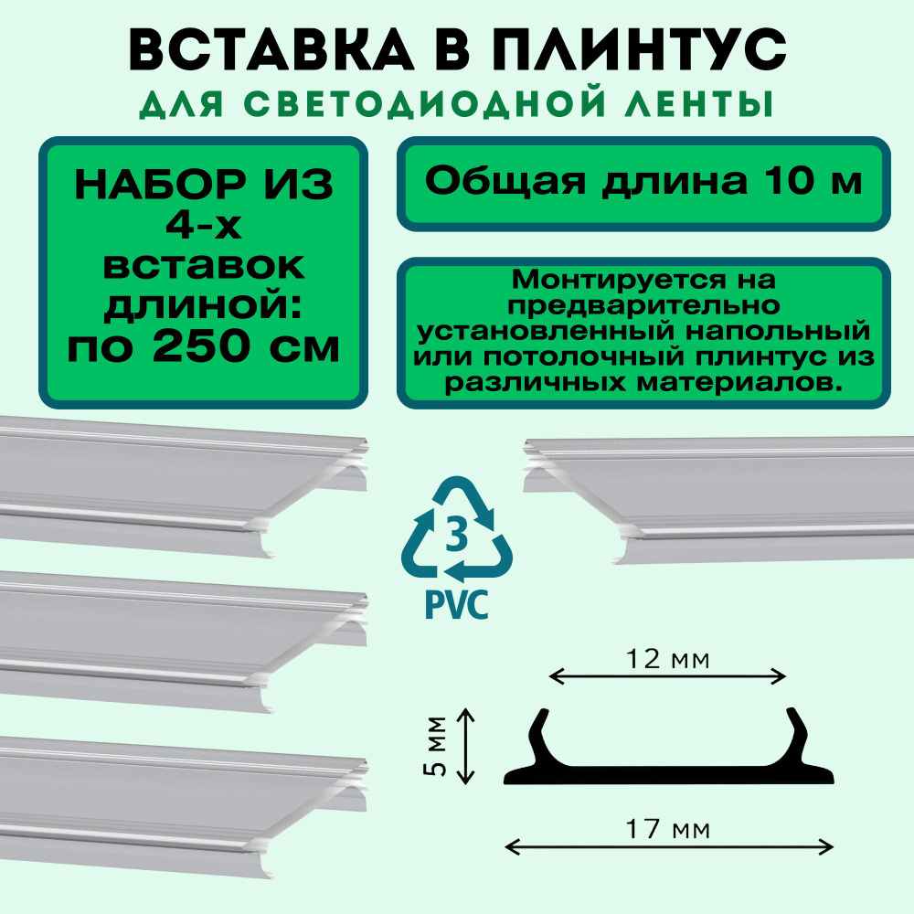 Набор из 4-х вставок в плинтус для светодиодной ленты 250 см, ПВХ, для маскировки проводов подсветки, #1