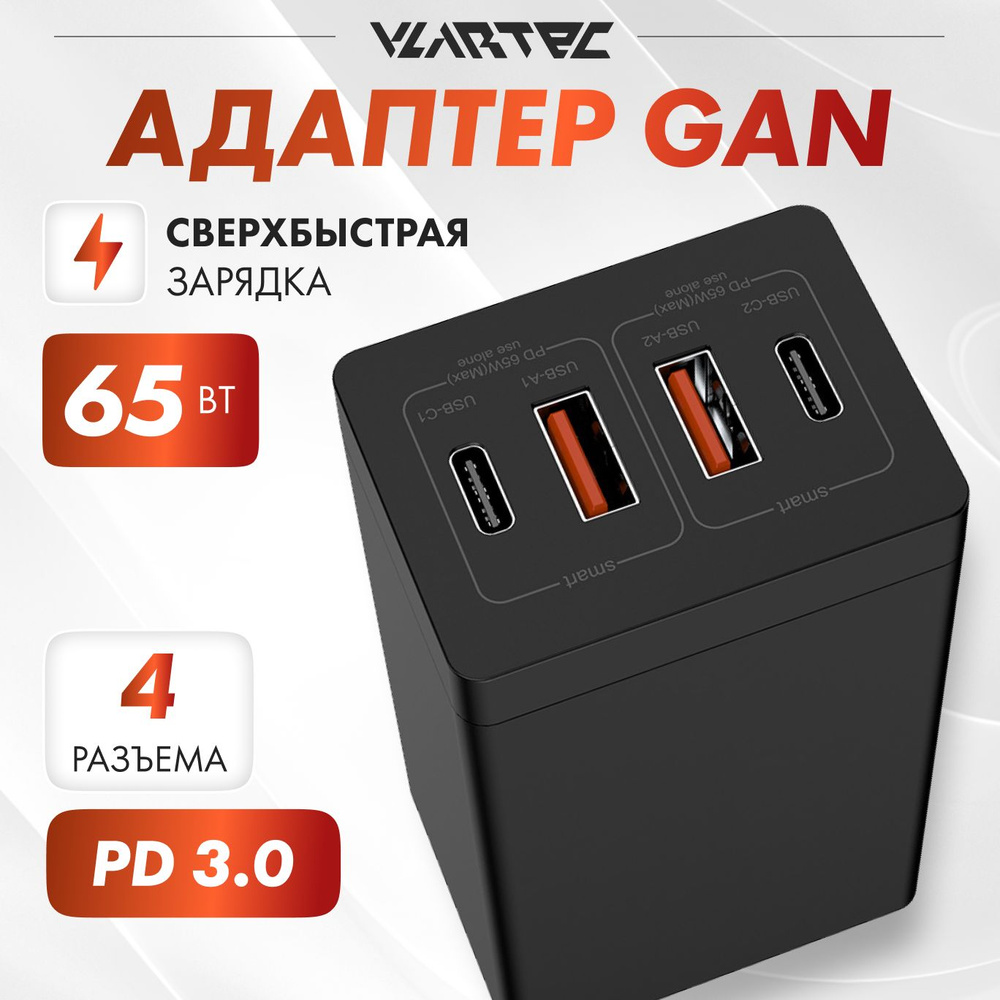 Адаптер сетевой для ноутбука и телефона, GaN ГаН Быстрая Зарядка 65Вт ...