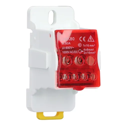 Клеммная коробка на DIN-рейку, 690В 80А, латунные шины, разборная, красная, для бытовой техники