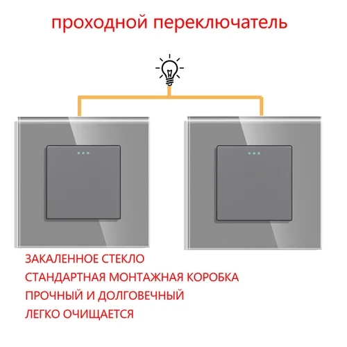 Выключатель одноклавишный проходной рамка стекло 10А 250 В серый
