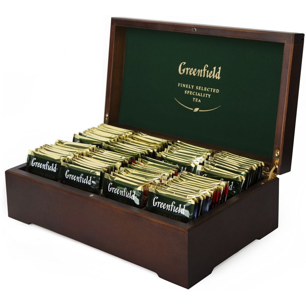 ПодарочныйнаборчаявпакетикахGreenfield,деревяннаяшкатулка,8видов,96шт/Гринфилд
