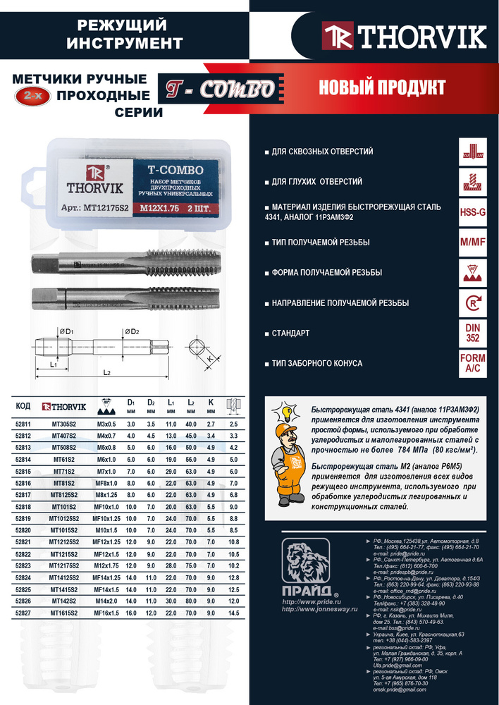 Метчик М10 х 1,25 ручной HSS-G 2 шт. Thorvik T-Combo #1