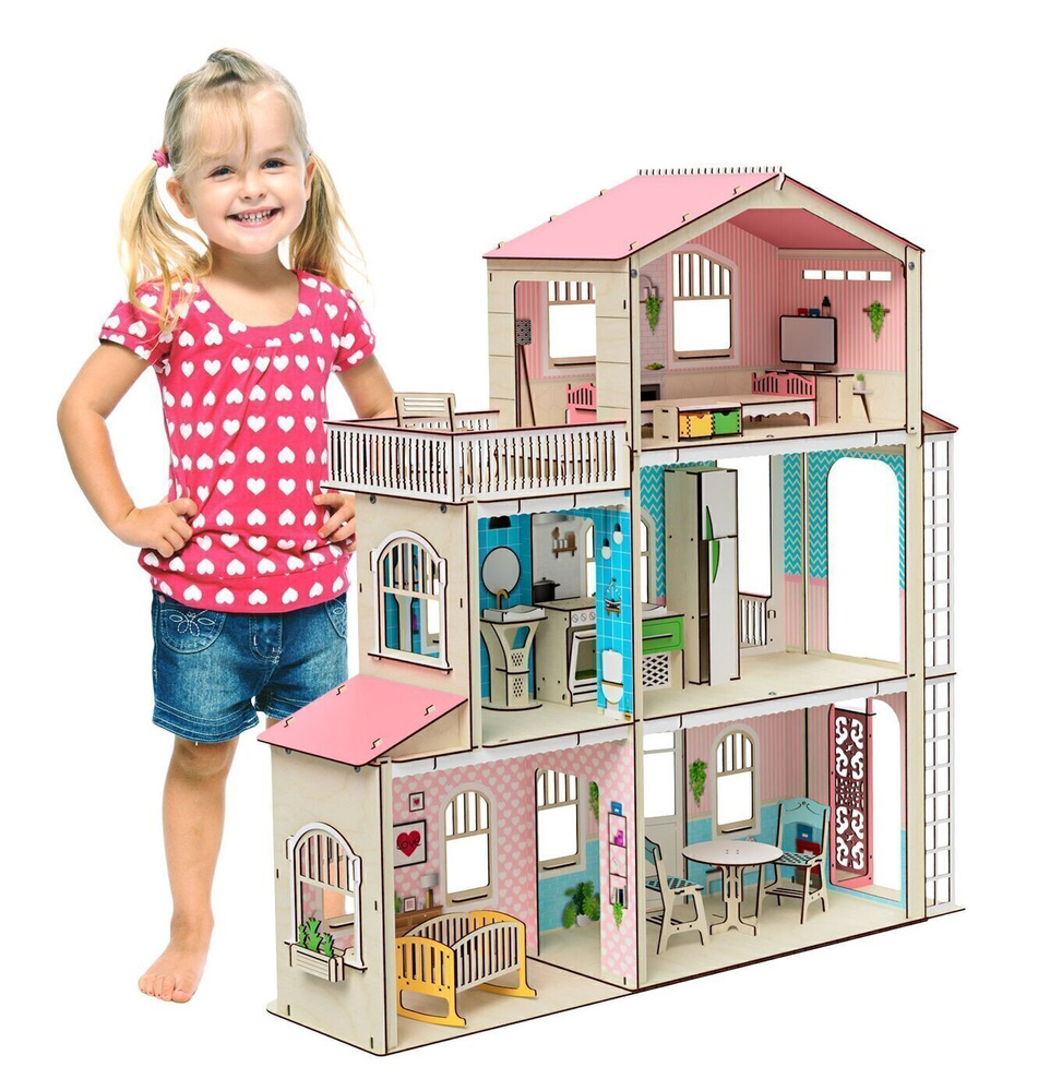 Деревянный кукольный домик с мебелью для Барби